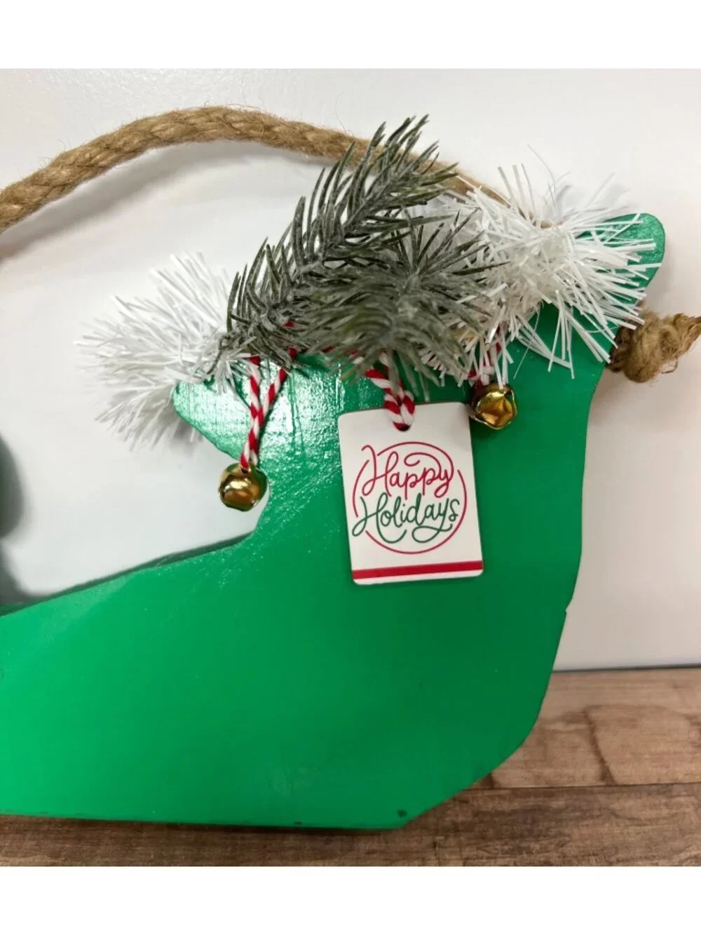 Handcrafted Green Wooden Elf Shoe Holiday Decor With Festive Embellishments